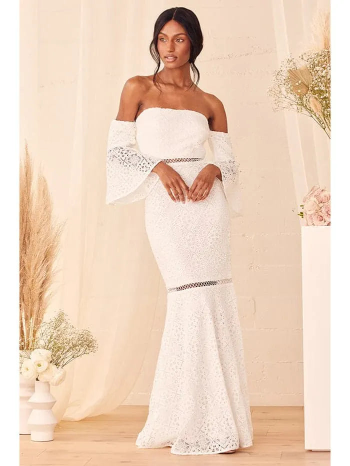 Romantic Lace Long Evening Dress White Off-Shoulder Bell-Sleeve Party Gown for Women