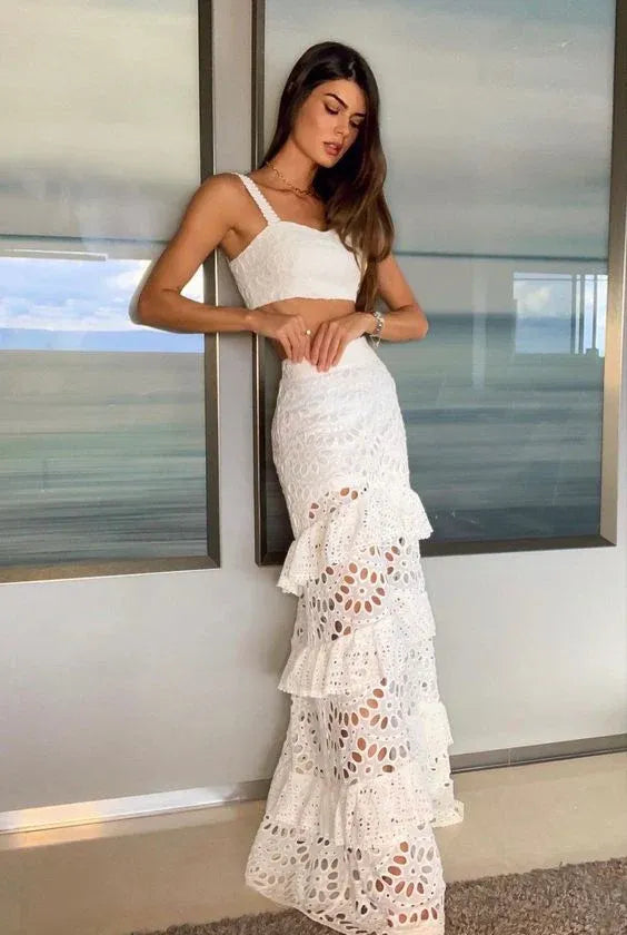 Romantic Lace Two-Piece Long Evening Dress White Sleeveless Ruffled for Women