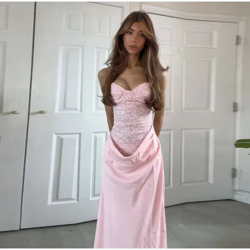 Romantic Lace & Satin Floor-Length Evening Dress Pink Sweetheart Sleeveless for Women