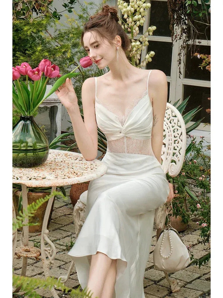 Romantic Mermaid Cowl-Neck Sleeveless Lace-Trimmed Ivory Maxi Prom Dress for Women ready to ship