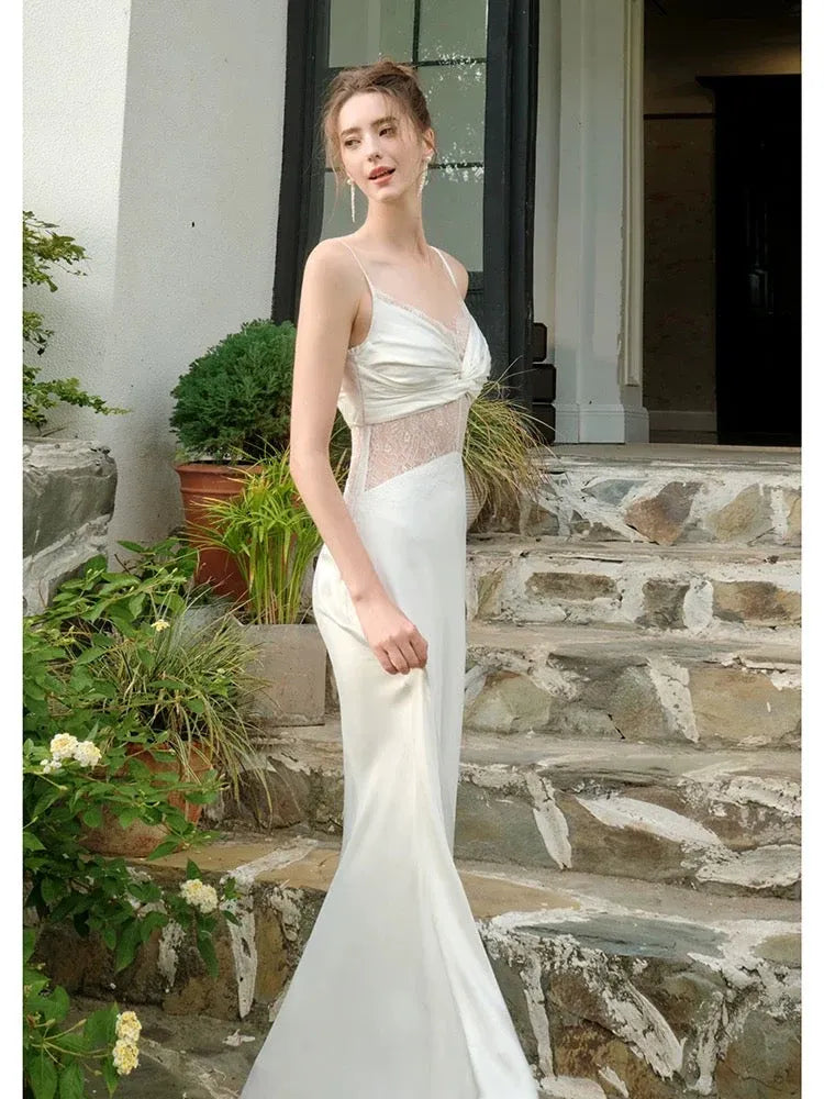 Romantic Mermaid Cowl-Neck Sleeveless Lace-Trimmed Ivory Maxi Prom Dress for Women ready to ship
