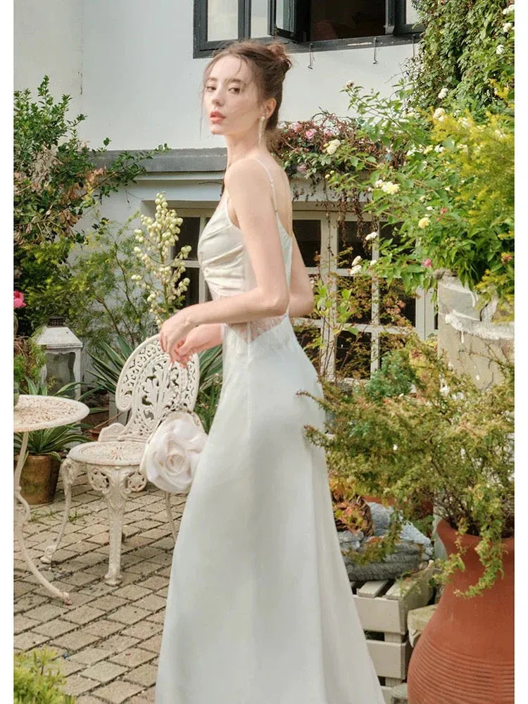 Romantic Mermaid Cowl-Neck Sleeveless Lace-Trimmed Ivory Maxi Prom Dress for Women ready to ship