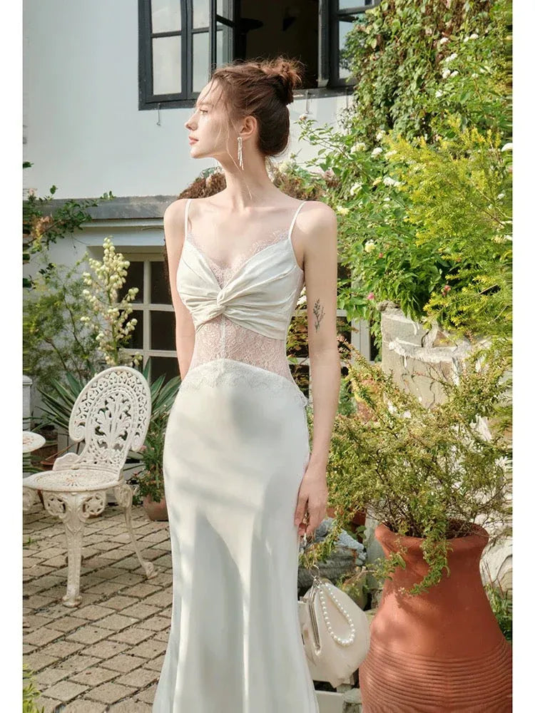 Romantic Mermaid Cowl-Neck Sleeveless Lace-Trimmed Ivory Maxi Prom Dress for Women ready to ship