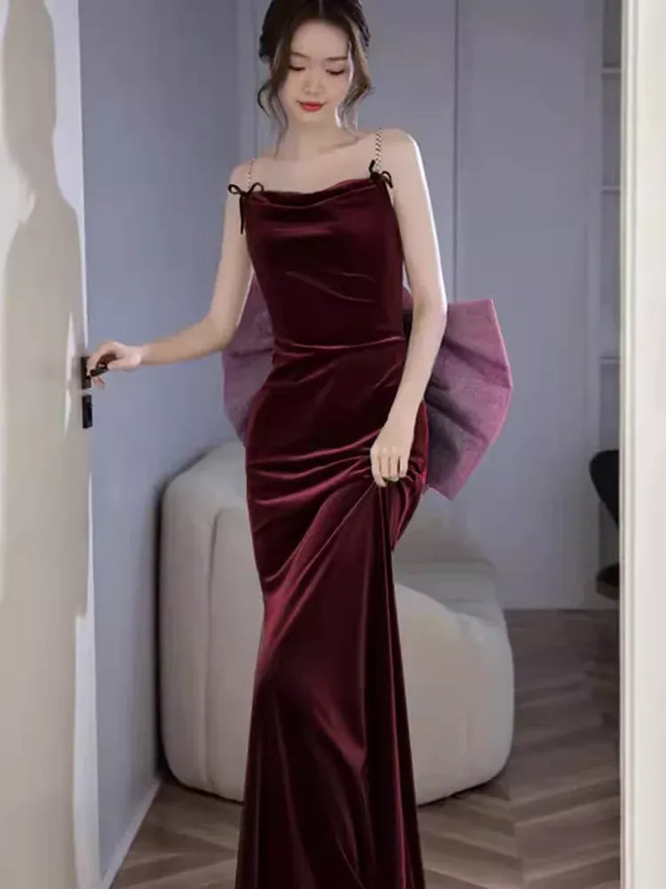 Romantic Mermaid Cowl Neck Sleeveless Bow-embellished Burgundy Maxi Prom Dress for Women Custom
