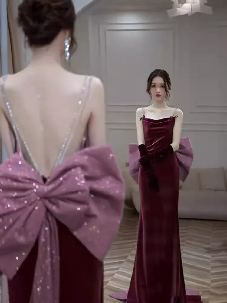 Romantic Mermaid Cowl Neck Sleeveless Bow-embellished Burgundy Maxi Prom Dress for Women Custom