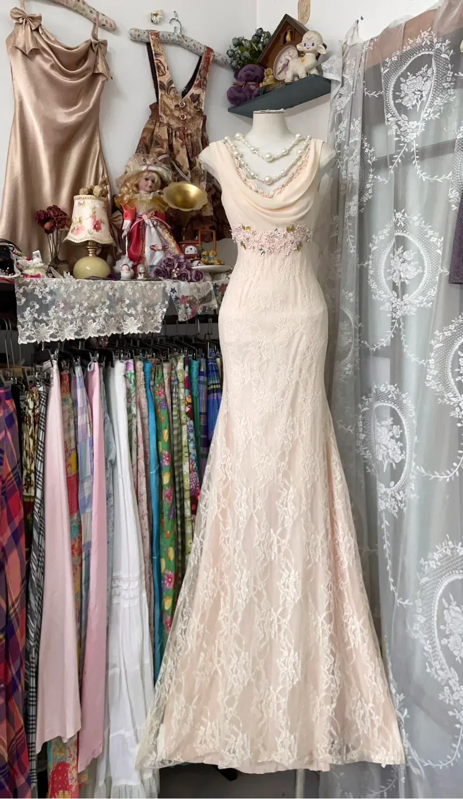 Romantic Mermaid Cowl Neck Sleeveless Lace-Accented Chiffon Blush Maxi Evening Dress