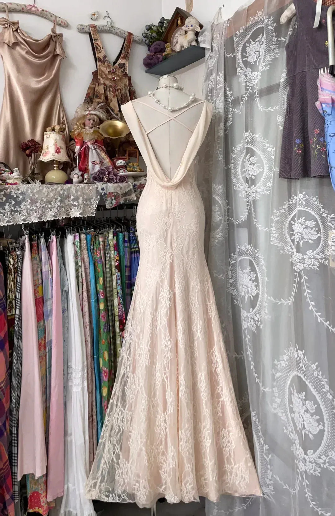 Romantic Mermaid Cowl Neck Sleeveless Lace-Accented Chiffon Blush Maxi Evening Dress
