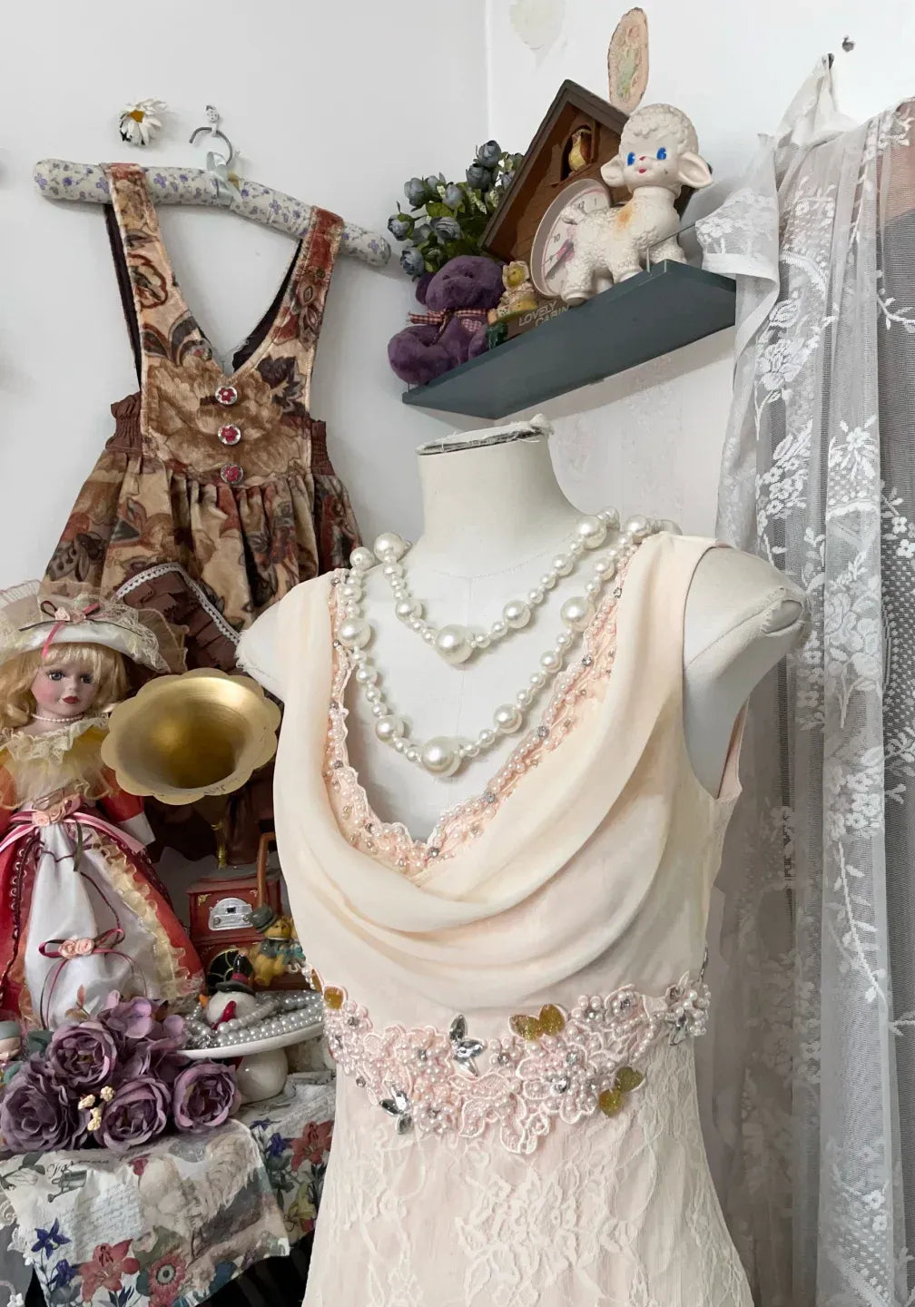 Romantic Mermaid Cowl Neck Sleeveless Lace-Accented Chiffon Blush Maxi Evening Dress