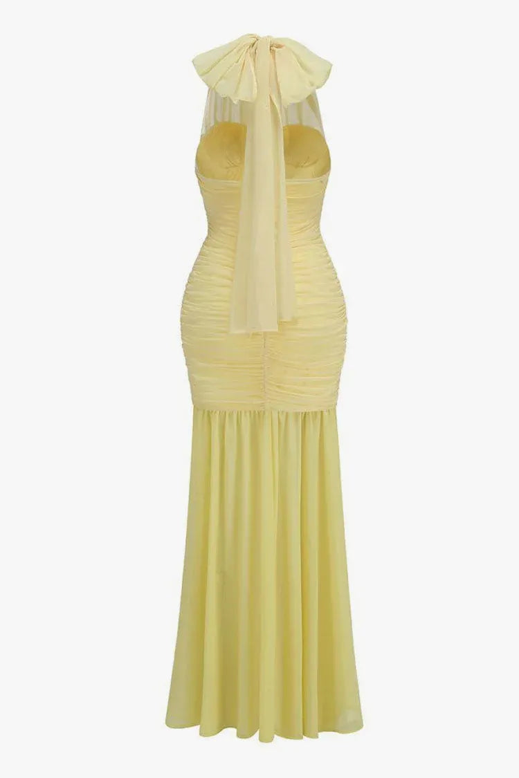 Romantic Mermaid Halter-Neck Sleeveless Ruched Chiffon Yellow Floor-Length Evening Dress for Women