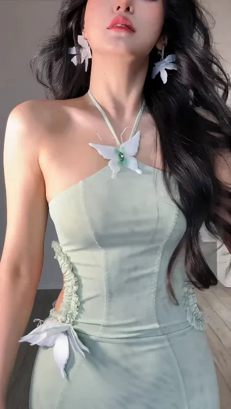 Romantic Mermaid Halter Neck Sleeveless Bow-Embellished Sage Green Maxi Prom Dress for Women Custom