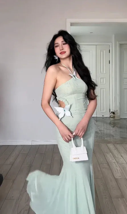 Romantic Mermaid Halter Neck Sleeveless Bow-Embellished Sage Green Maxi Prom Dress for Women Custom