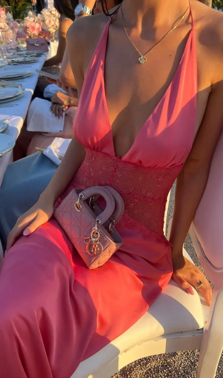 Romantic Mermaid Halter Sleeveless Lace Pink Maxi Prom Dress for Women Hot Sale