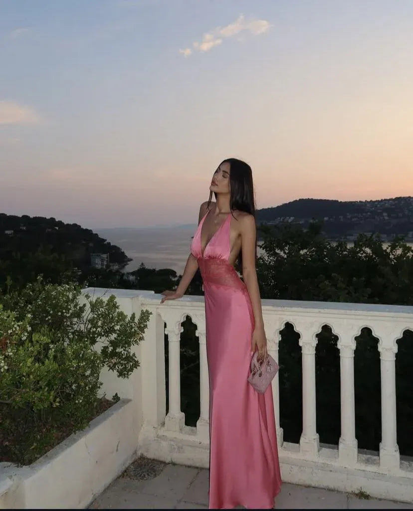 Romantic Mermaid Halter Sleeveless Lace Pink Maxi Prom Dress for Women Hot Sale