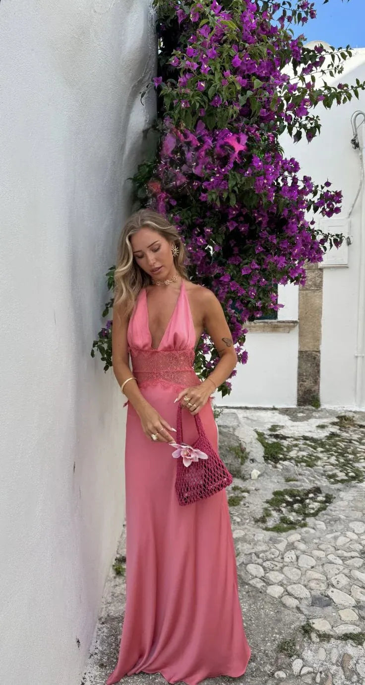 Romantic Mermaid Halter Sleeveless Lace Pink Maxi Prom Dress for Women Hot Sale