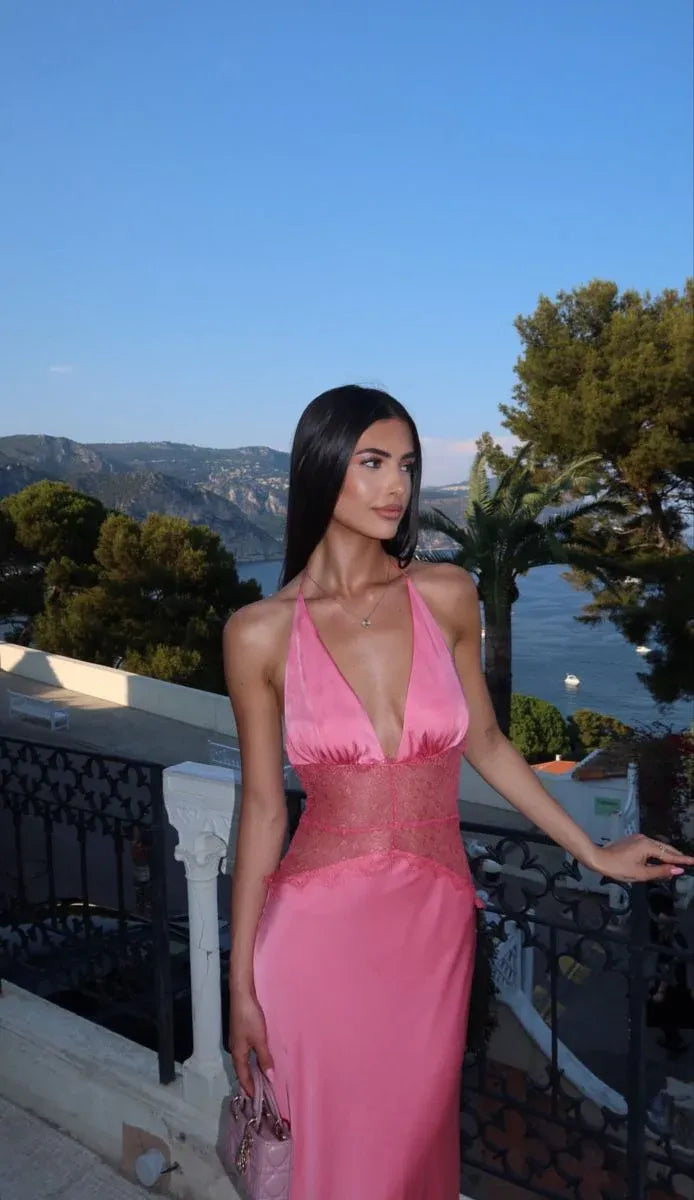 Romantic Mermaid Halter Sleeveless Lace Pink Maxi Prom Dress for Women Hot Sale