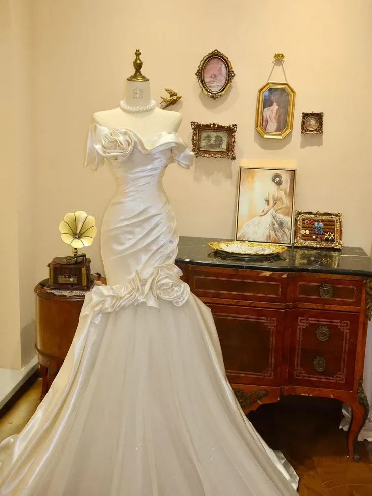 Romantic Mermaid Off-Shoulder Sleeveless Floral White Maxi Prom Dress for Women Custom