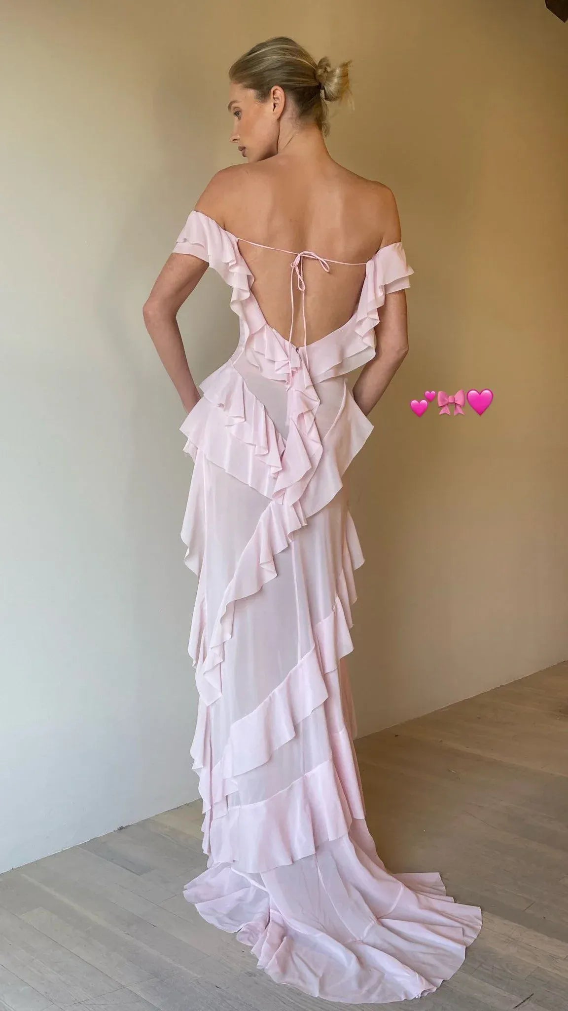 Romantic Mermaid Off-the-shoulder Ruffled Pink Maxi Prom Dress for Women Hot Sale