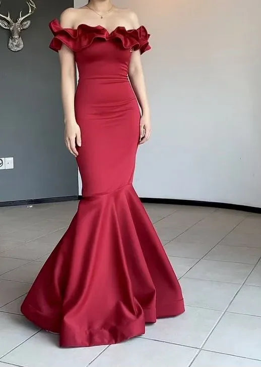 Romantic Mermaid Off-the-shoulder Sleeveless Ruffled Burgundy Floor-length Prom Dress for Women Ready to Ship