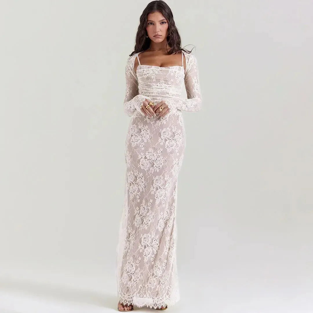 Romantic Mermaid Spaghetti-Strap Lace-Up Lace Ivory Maxi Evening Dress for Women