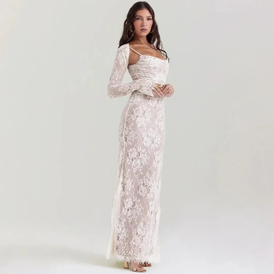 Romantic Mermaid Spaghetti-Strap Lace-Up Lace Ivory Maxi Evening Dress for Women