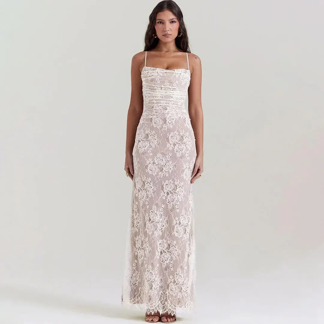 Romantic Mermaid Spaghetti-Strap Lace-Up Lace Ivory Maxi Evening Dress for Women