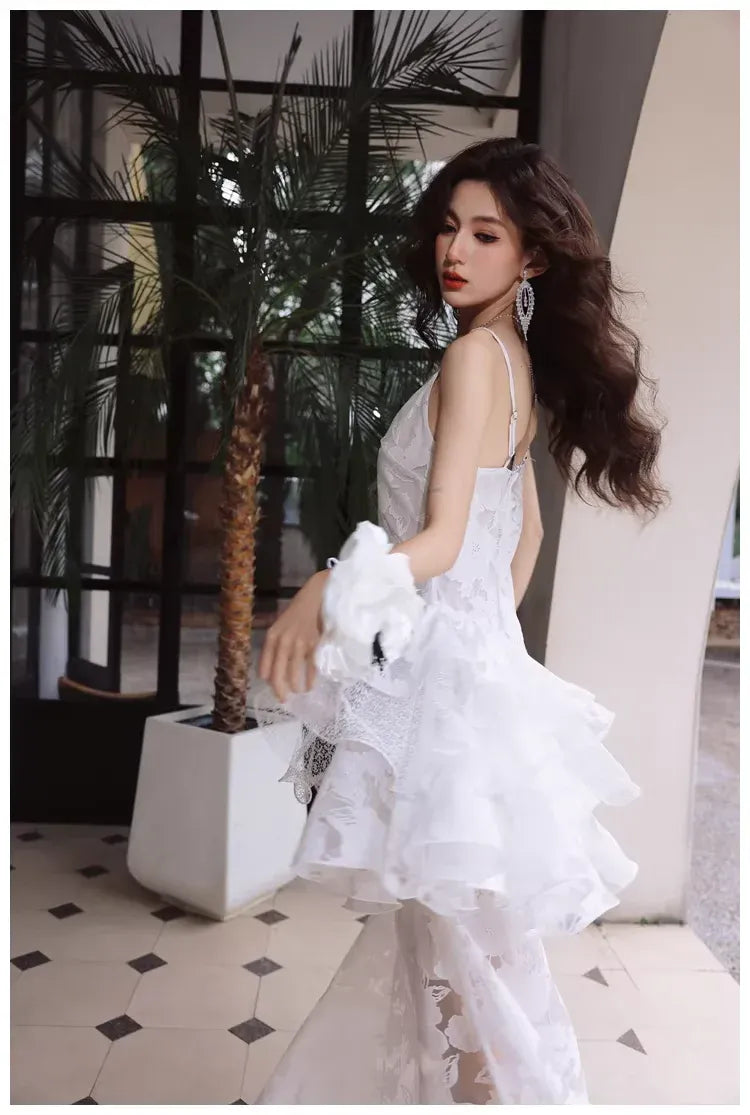 Romantic Mermaid Spaghetti Ruffle White Lace Train Prom Dress Custom