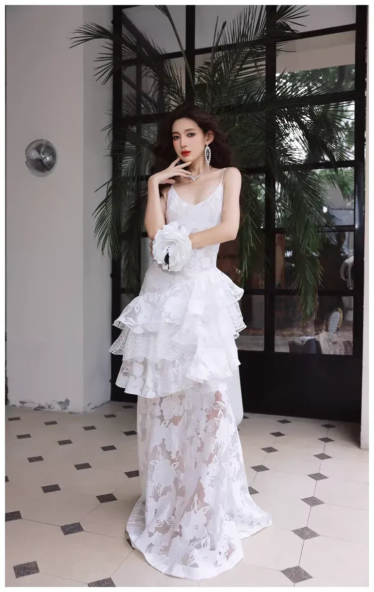 Romantic Mermaid Spaghetti Ruffle White Lace Train Prom Dress Custom