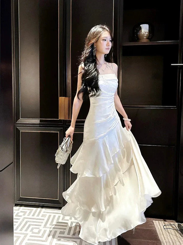 Romantic Mermaid Square-Neck Sleeveless Ruffled Satin Ivory Floor-Length Evening Dress for Women