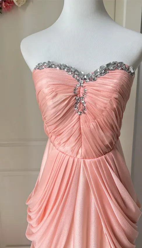 Romantic Mermaid Strapless Beaded Blush Long Prom Dress for Women Ready to Ship