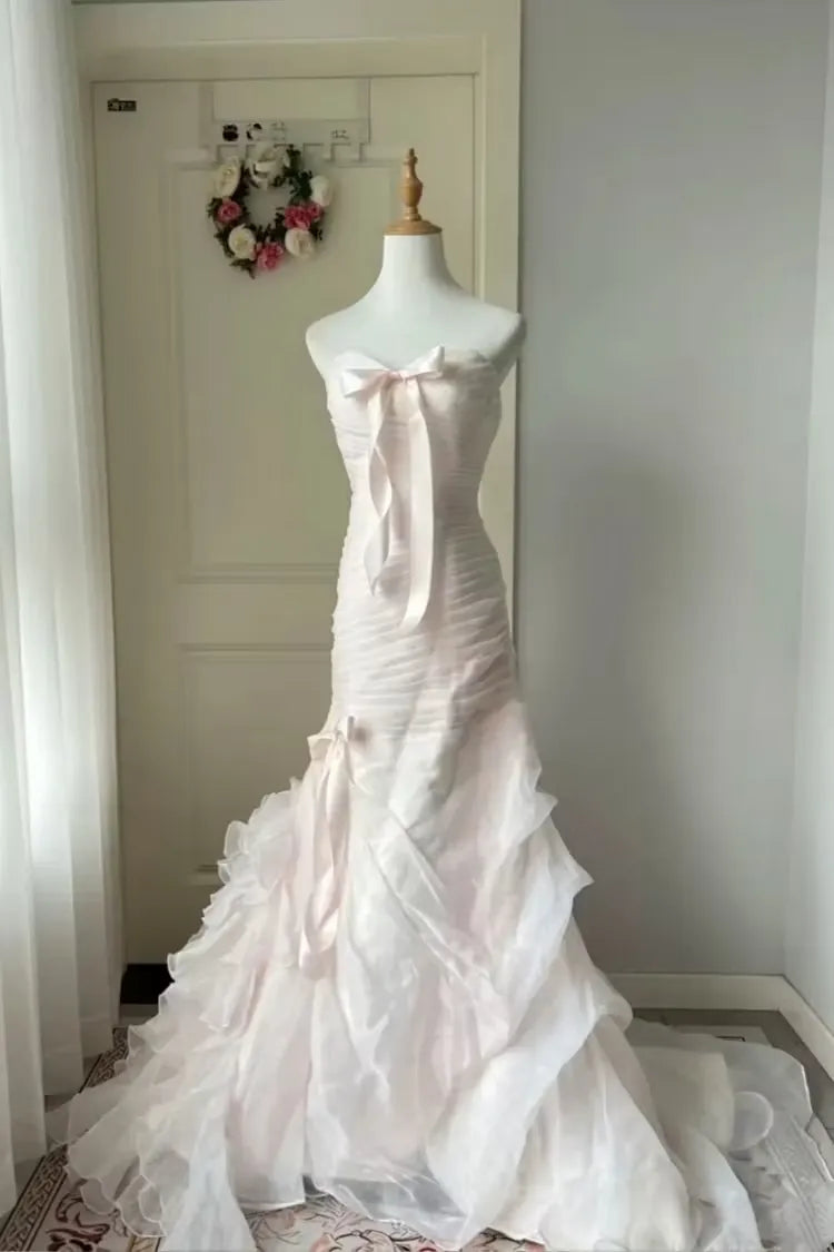 Romantic Mermaid Strapless Bow Ruched Ruffled Blush Pink Train Prom Dress