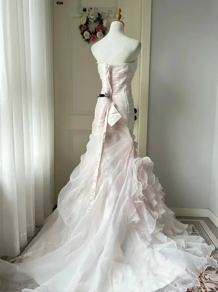 Romantic Mermaid Strapless Bow Ruched Ruffled Blush Pink Train Prom Dress