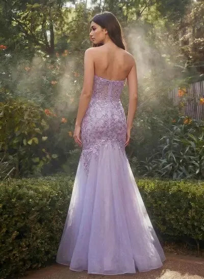 Romantic Mermaid Strapless Corset Lavender Floor-Length Prom Dress With Appliques