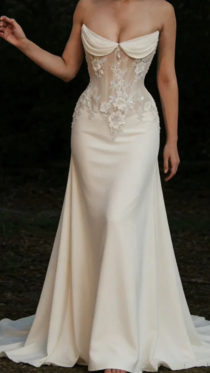 Romantic Mermaid Strapless Sleeveless Lace Ivory Maxi Wedding Dress for Women Custom