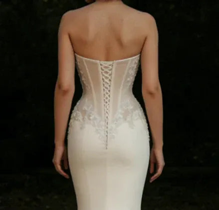 Romantic Mermaid Strapless Sleeveless Lace Ivory Maxi Wedding Dress for Women Custom