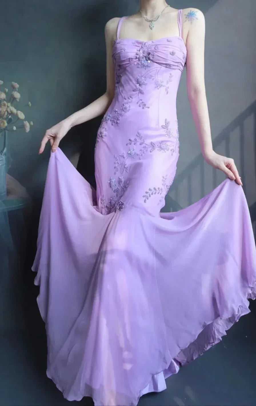 Romantic Mermaid Sweetheart-Neck Sleeveless Embroidered Lilac Maxi Prom Dress for Women ready to ship