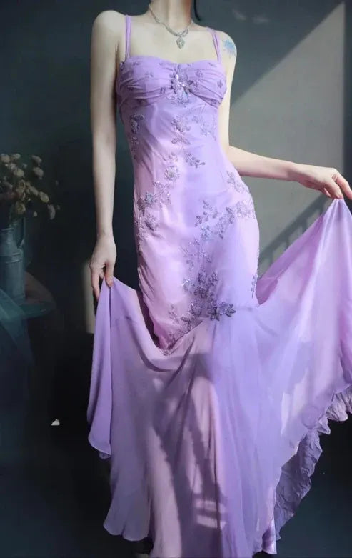 Romantic Mermaid Sweetheart-Neck Sleeveless Embroidered Lilac Maxi Prom Dress for Women ready to ship