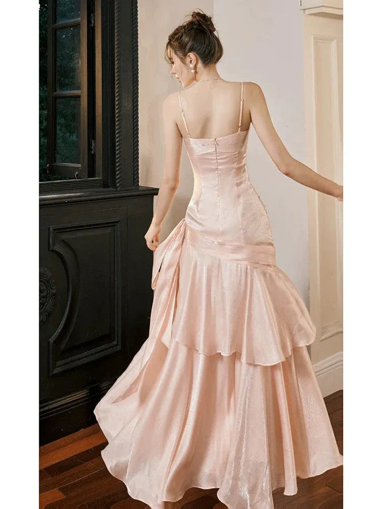 Romantic Mermaid Sweetheart-Neck Sleeveless Ruffled Satin Blush Floor-Length Evening Dress for Women