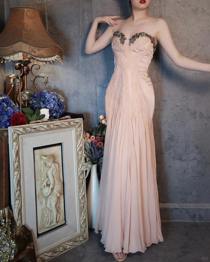 Romantic Mermaid Sweetheart Beaded Pleated Pink Evening Dress Party Dress