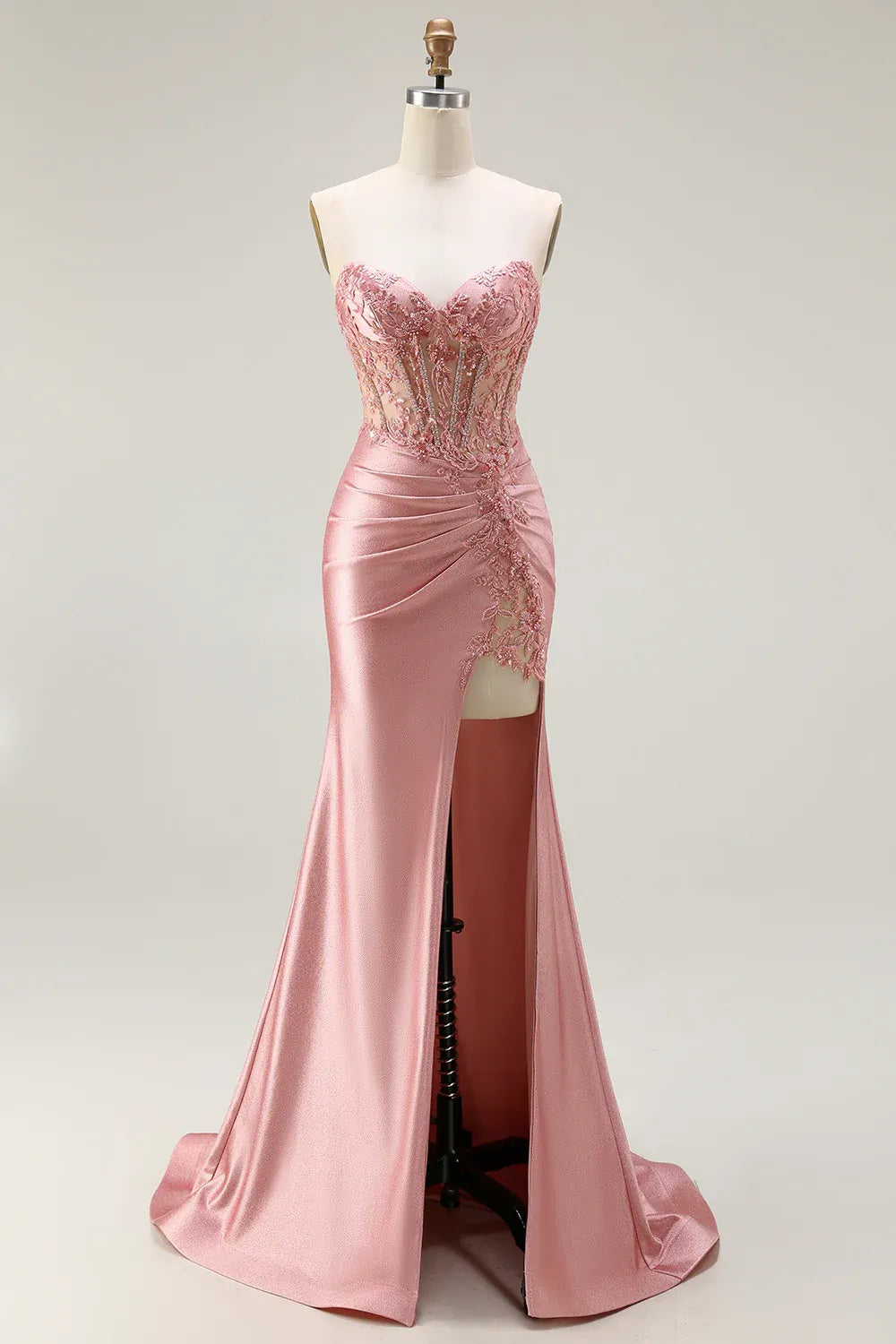 Romantic Mermaid Sweetheart Corset Beaded Appliqued Slit Blush Train Prom Dress