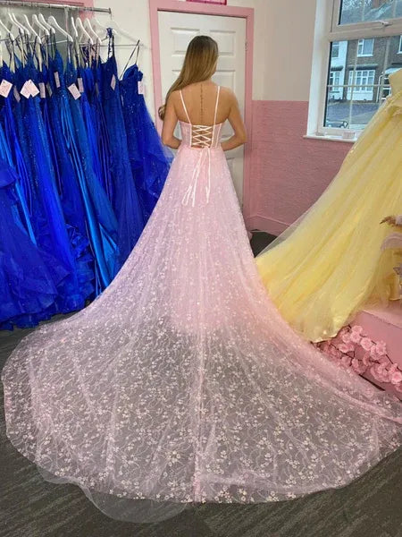 Romantic Mermaid Sweetheart Neck Floral Lace Pink Train Prom Dress With Slit
