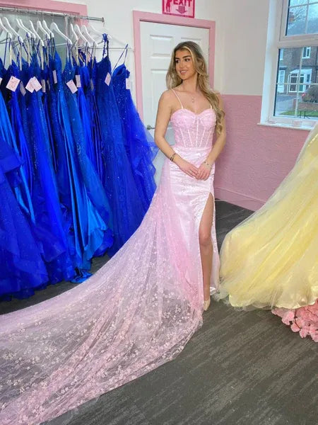 Romantic Mermaid Sweetheart Neck Floral Lace Pink Train Prom Dress With Slit