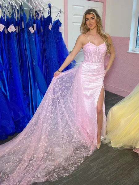 Romantic Mermaid Sweetheart Neck Floral Lace Pink Train Prom Dress With Slit