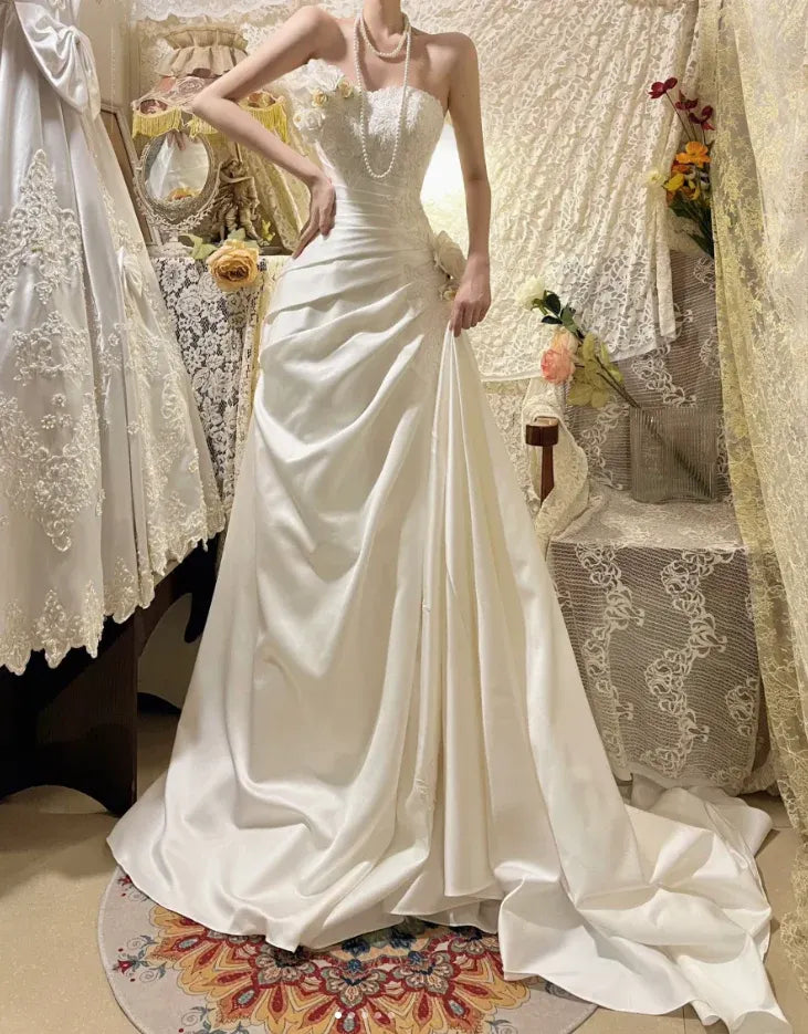 Romantic Mermaid Sweetheart Neck Sleeveless Lace White Maxi Wedding Dress for Women Ready to Ship