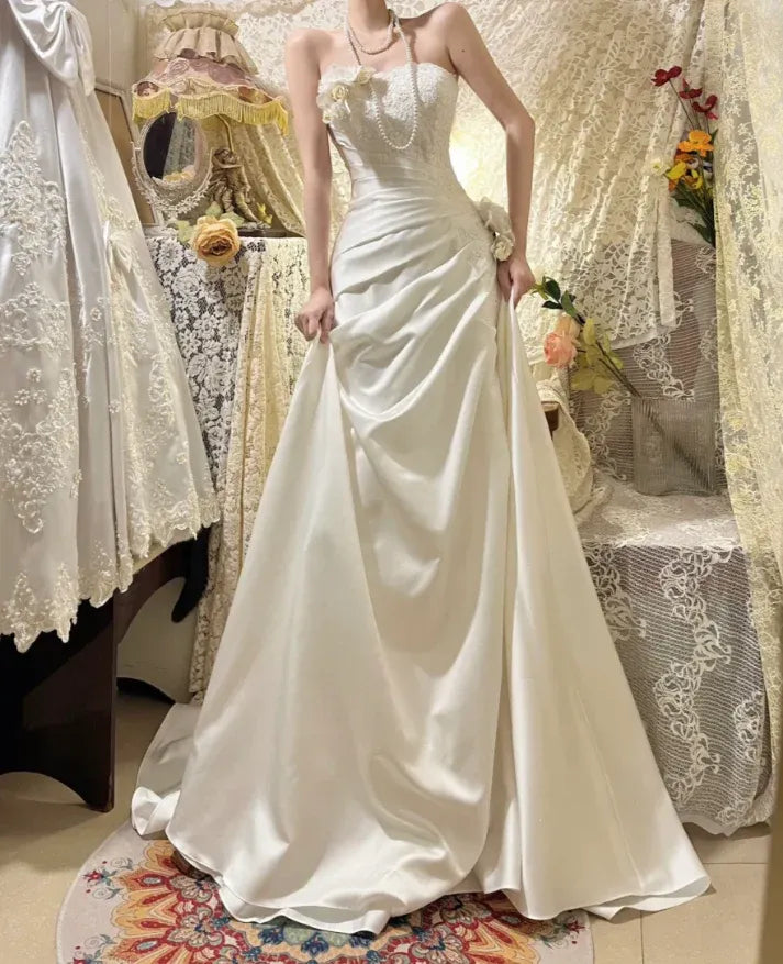 Romantic Mermaid Sweetheart Neck Sleeveless Lace White Maxi Wedding Dress for Women Ready to Ship