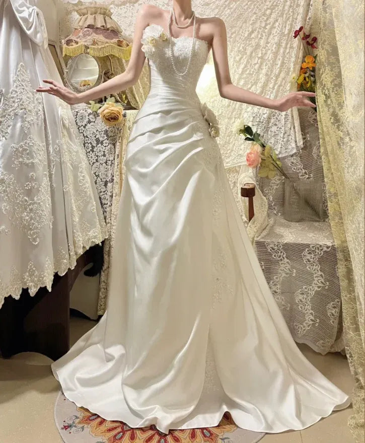 Romantic Mermaid Sweetheart Neck Sleeveless Lace White Maxi Wedding Dress for Women Ready to Ship