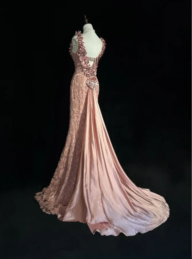 Romantic Mermaid V-neck Sleeveless Lace Dusty Rose Train Prom Dress For Women Custom