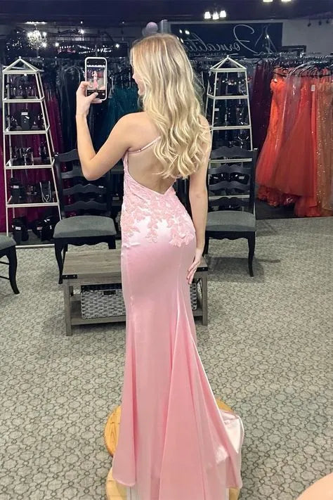 Romantic Mermaid V Neck Lace Backless Blush Pink Train Prom Dress