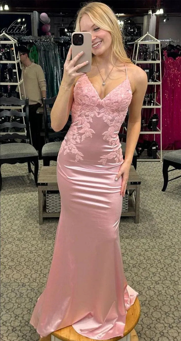 Romantic Mermaid V Neck Lace Backless Blush Pink Train Prom Dress
