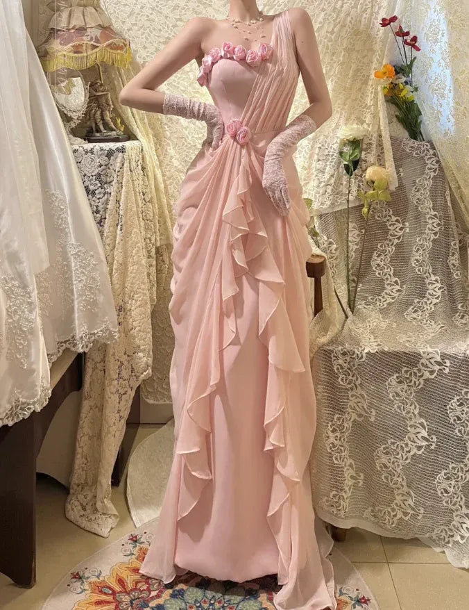 Romantic One Shoulder Floral Pleated Ruffle Chiffon Blush Prom Dress For Sale