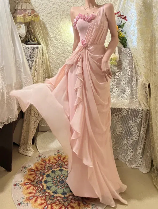 Romantic One Shoulder Floral Pleated Ruffle Chiffon Blush Prom Dress For Sale